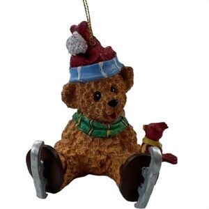 Vintage Teddy Bear Ice Skating Ornament Resin Christmas Santa Hat Cardinal Bird
